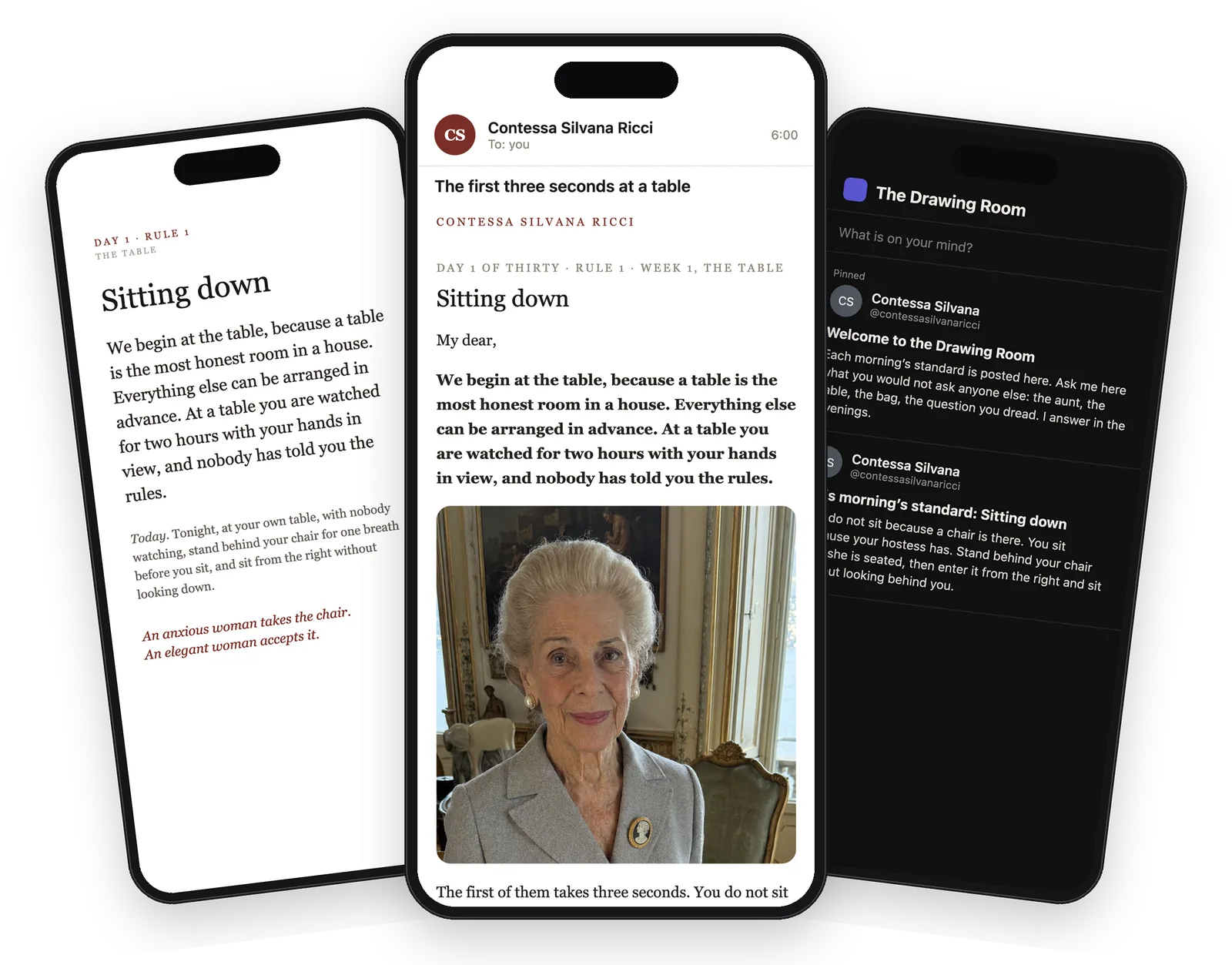 On your phone each morning: her letter, a rule card, and the Drawing Room